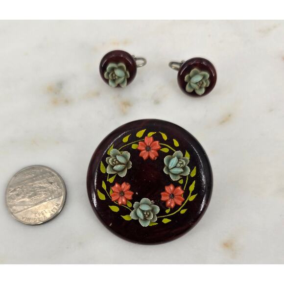 Vintage Floral Brooch & Clip-On Earrings Set - Picture 1 of 2